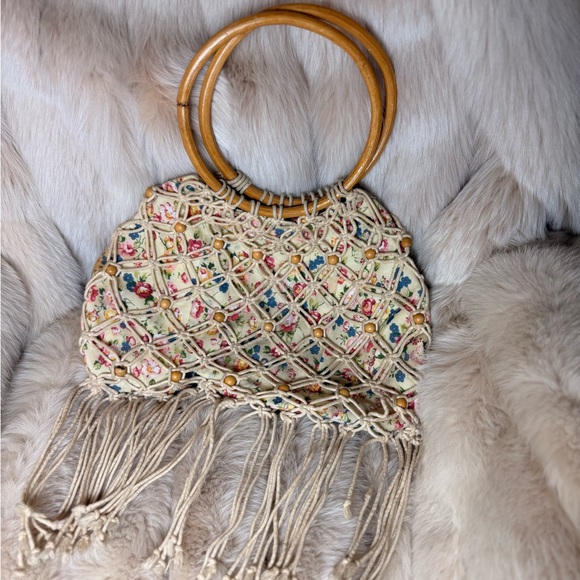 Floral Woven Handbag with Wooden Handles - Picture 1 of 3